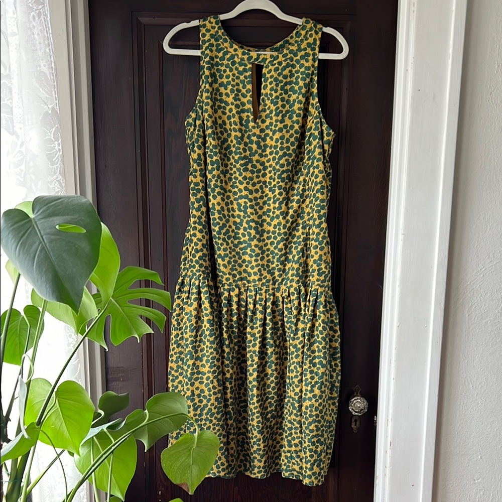 eShakti Mustard Gold and Teal Green Apples Drop-waist Sundress with Pockets